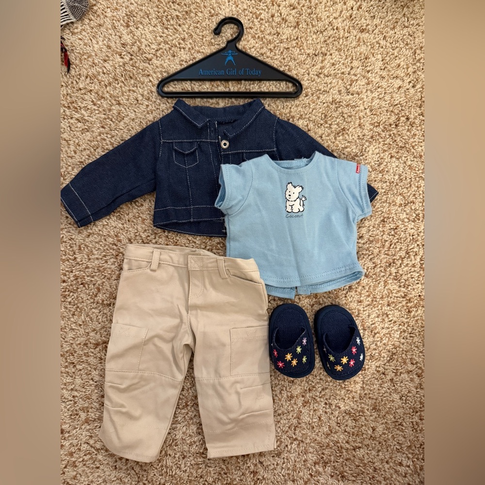 American Girl Doll Outfit with Denim Jacket and Blue Top